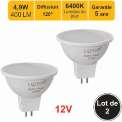 Lot De 2 Ampoules LED GU5.3 (MR16) 12V 4,9W 400Lm 6400K - Garantie 5 Ans