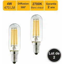 Lot De 2 Ampoules LED Filament E14 4W 470Lm 2700K - Garantie 2 Ans