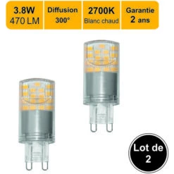 Lot De 2 Ampoules LED G9 3,8W Capsule 470Lm 2700K - Garantie 2 Ans