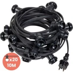 Guirlande Guinguette IP65 10m Noire Raccordable - Guirlande Lumineuse Pour Ampoule E27 20 Douilles - Guirlande Guinguette Extérieure Pour Terrasse Jardin Bar