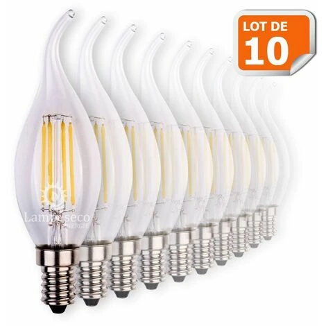 Lot De 10 Ampoules Led Flamme Coup De Vent Filament 4 Watt (équivalent 42 Watt) Culot E14 à Visser Blanc Chaud 3 Lot De 10 Ampoules Led Flamme Coup De Vent Filament 4 Watt (équivalent 42 Watt) Culot E14 à Visser Blanc Chaud