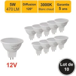 Lot De 10 Ampoules LED GU5.3 (MR16) 12V 4,4W - 120° - 350Lm 3000K - Garantie 5 Ans