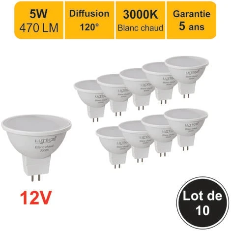 Lot De 10 Ampoules LED GU5.3 (MR16) 12V 4,4W - 120° - 350Lm 3000K - Garantie 5 Ans 3 Lot De 10 Ampoules LED GU5.3 (MR16) 12V 4,4W - 120° - 350Lm 3000K - Garantie 5 Ans