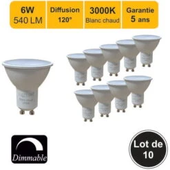 Lot De 10 Ampoules LED Dimmable GU10 6W 500Lm 2700K - Garantie 5 Ans