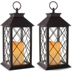 Lot De 2 Lanternes �� Bougies Vintage De 14 Po Avec Bougie Sans Flamme Scintillante �� DEL (noir) - Lanterne �� Bougie �� ��nergie Solaire Pour L'ext��rieur - Lanterne D��corative Suspendue Pour Patio