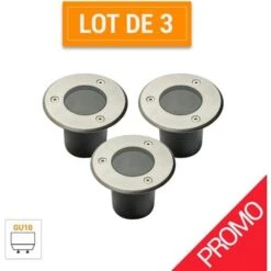 Pack Promo 3 Spots Mini ALFA Extérieurs Encastrables 230V Rond à Ampoule GU10 Interchangeable IP67 - Finition Acier Brossé - Diamètre 10 Cm