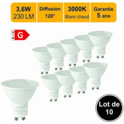 Lot De 10 Ampoules LED GU10 3,6W 230Lm 3000K - Garantie 5 Ans