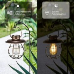 Lanterne Solaire Extérieure Suspendre Avec Crochet, Vintage LED Lampe Solaire Jardin, Cage En Acier, Étanche IP65, Sans Fil Rechargeable Pour Garden Patio Courtyard Extérieur (Inclus Ampoule) -OSRAM || EUROPALAMP Soldes Boutique 59659119 3