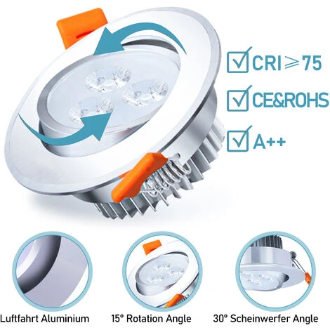 EINFEBEN 10X LED Spot Spot Encastré Set Spot Encastré Pour Plafond IP44 3W A++ 230 V Blanc Froid CE&ROHS Avec Transformateur 4 EINFEBEN 10X LED Spot Spot Encastré Set Spot Encastré Pour Plafond IP44 3W A++ 230 V Blanc Froid CE&ROHS Avec Transformateur – Image 2