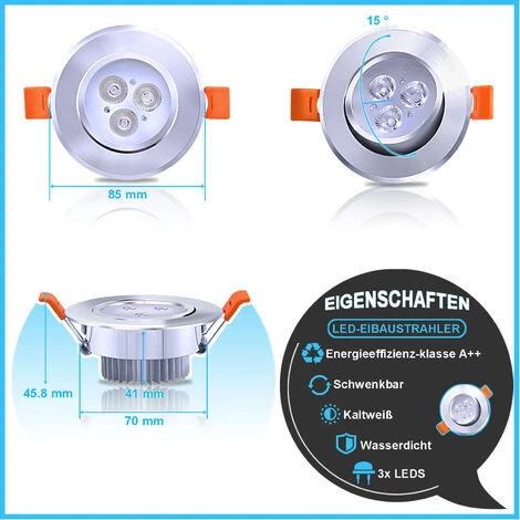 EINFEBEN 10X LED Spot Spot Encastré Set Spot Encastré Pour Plafond IP44 3W A++ 230 V Blanc Froid CE&ROHS Avec Transformateur 5 EINFEBEN 10X LED Spot Spot Encastré Set Spot Encastré Pour Plafond IP44 3W A++ 230 V Blanc Froid CE&ROHS Avec Transformateur – Image 3
