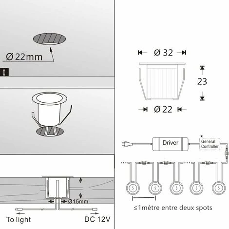 Lot De 16 LED Spots Encastrables Lampes De Sol Blanc Chaud 3000K IP67 Plafonnier Encastré Alimentation 12V Mini Spots Encastrés Pour Terrasse Jardin 6 Lot De 16 LED Spots Encastrables Lampes De Sol Blanc Chaud 3000K IP67 Plafonnier Encastré Alimentation 12V Mini Spots Encastrés Pour Terrasse Jardin – Image 4