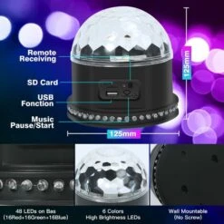 Boule Disco 48LEDs, Boule à Facette Avec Lecteur De Musique Et Haut-parleurs Doubles, Jeux De Lumière Pour Soirée Avec 3 Modes Activés Par Le Son Pour DJ, Noël, Bar Et Fête [Classe énergétique A+++] -OSRAM || EUROPALAMP Soldes Boutique 70834481 5