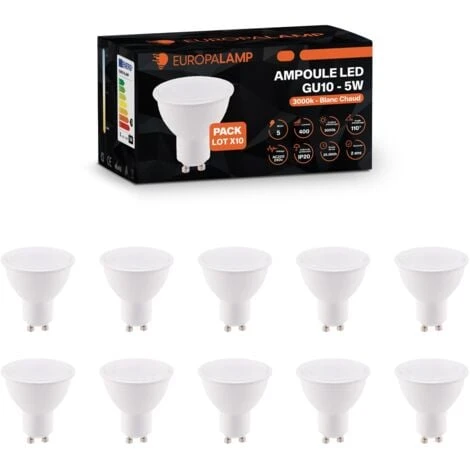 EUROPALAMP 10 Ampoules GU10 5W Eq. 40W Blanc Chaud 3000K Haute Luminosité 3 EUROPALAMP 10 Ampoules GU10 5W Eq. 40W Blanc Chaud 3000K Haute Luminosité