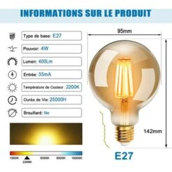 Ampoules LED G95 E27, 4W, Blanc Chaud 2200K, Ampoule Retro A Filament, Equivalent A Ampoule Incandescente 40W, Non-Dimmable, Lot De 6 [Classe Energetique F] -OSRAM || EUROPALAMP Soldes Boutique 74963406 2