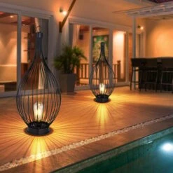 Lampe Solaire Lampe D'extérieur Lampe Suspendue Lampadaire LED Lanterne Terrasse Cage Filament, Métal Noir, Batterie Rechargeable, 1x LED, DxH 25x57 Cm, Lot De 2