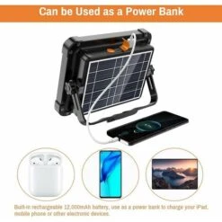 Projecteur LED Rechargeable 336 LEDs/ 100W/ Panneau Solaire/ 4 Modes D'éclairage/ Batterie Externe 12000mAh/ Absorption D'aimant, Idéal Pour Camping, Travail, Pêche, Couleur Noire [Classe énergétique -OSRAM || EUROPALAMP Soldes Boutique 85548265 4