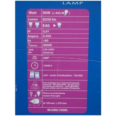 Ampoule LED 90W Ø 139x270mm 4000K 8350lm Culot E40 230V Non-dimmable IP20 High Power Targetti 4 Ampoule LED 90W Ø 139x270mm 4000K 8350lm Culot E40 230V Non-dimmable IP20 High Power Targetti – Image 2