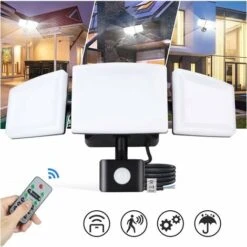 Projecteur LED Extérieur Détecteur De Mouvement 4200LM Spot Exterieur Orientable 3 Projecteurs Réglables IP65 Etanche 6500K Blanche Froide Télécommande Incluse Pour Jardin Patio Cour [Classe énergétiq